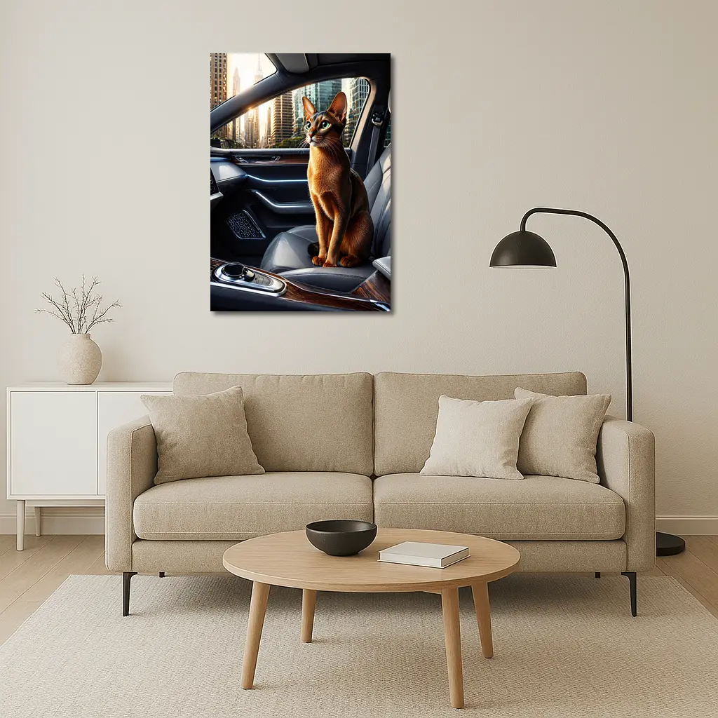 Abyssinian Cat Inside Luxury Car Interior – Wall Art