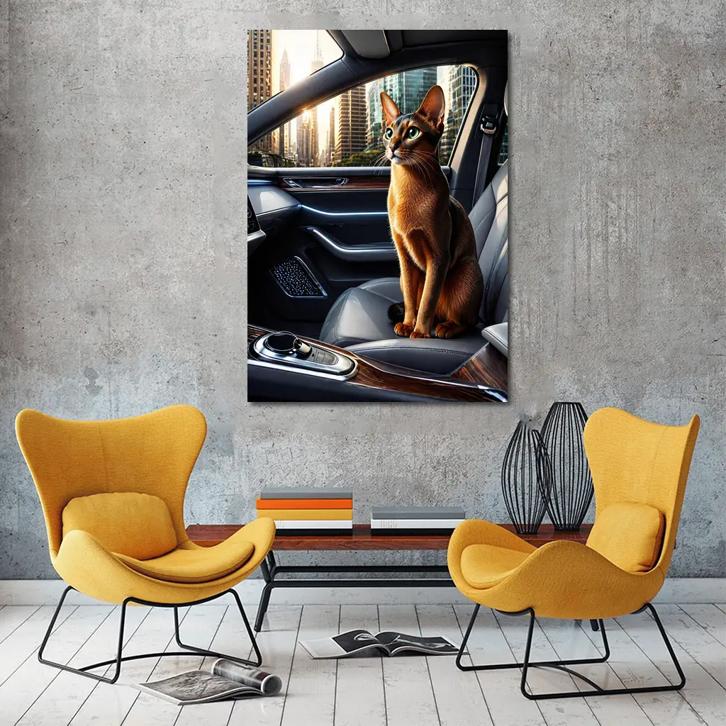 Abyssinian Cat Inside Luxury Car Interior – Wall Art