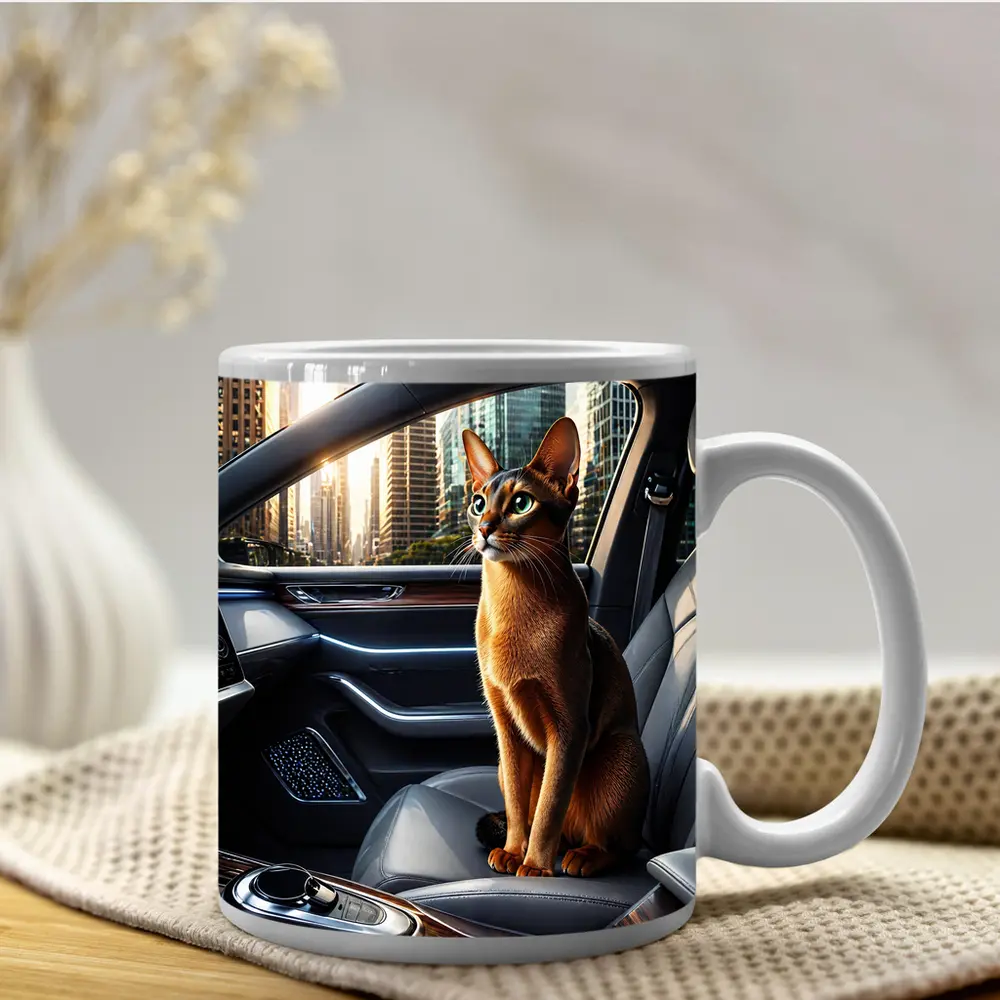 Abyssinian Cat Inside Luxury Car Interior – Mugs