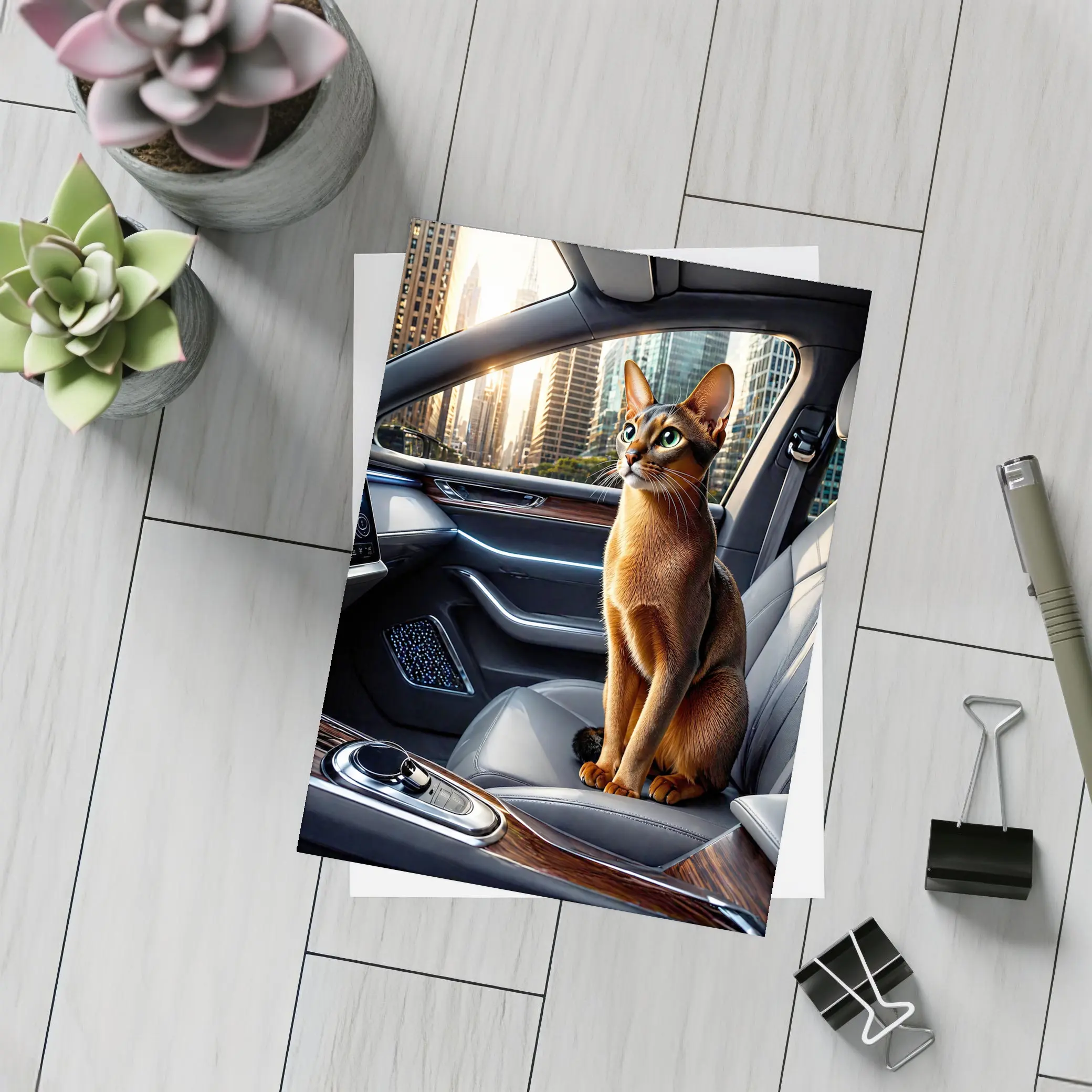 Abyssinian Cat Inside Luxury Car Interior – Postcards