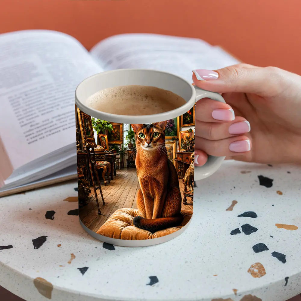 Abyssinian Cat Sitting in Ornate Gallery – Mugs