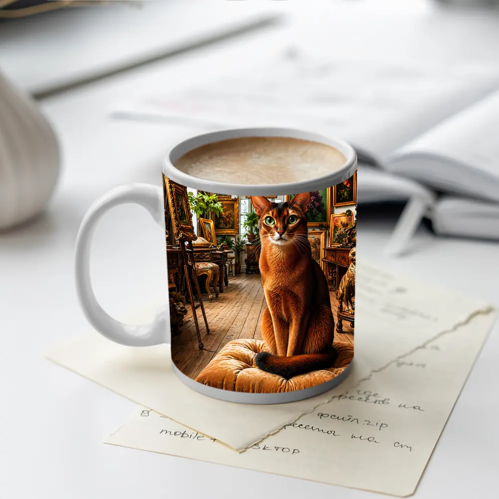Abyssinian Cat Sitting in Ornate Gallery – Mugs