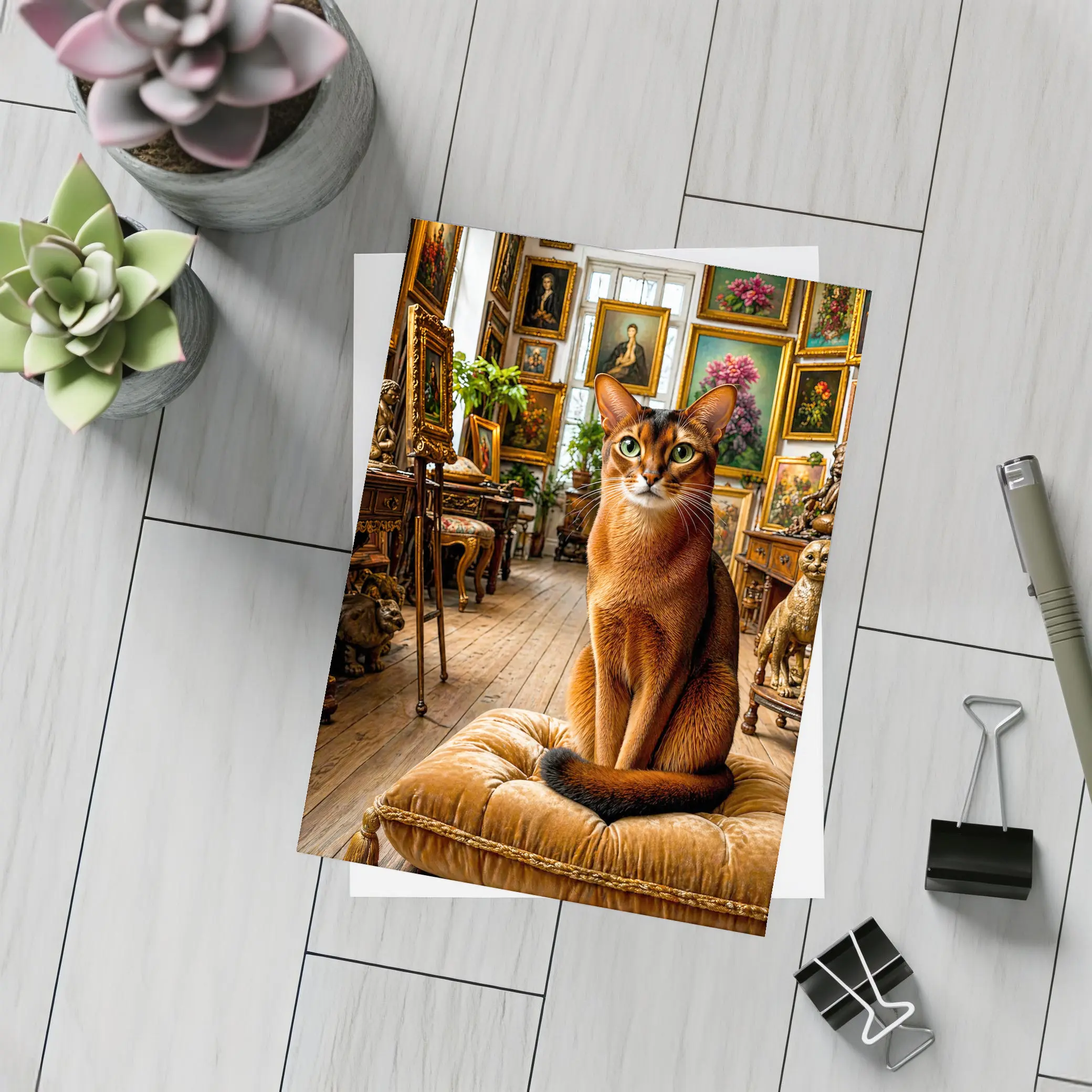 Abyssinian Cat Sitting in Ornate Gallery – Postcards