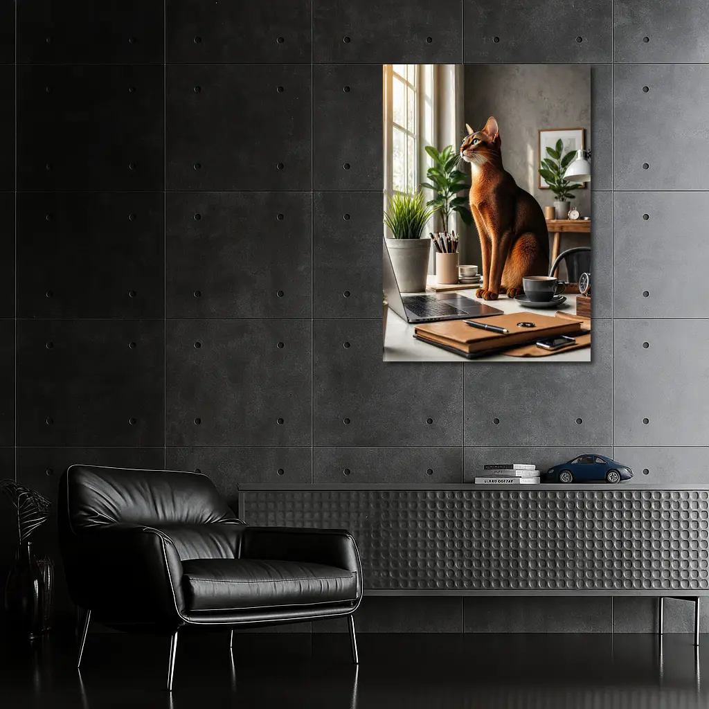 Abyssinian Cat Sitting at Home Office Desk – Wall Art