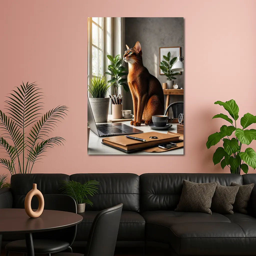 Abyssinian Cat Sitting at Home Office Desk – Wall Art