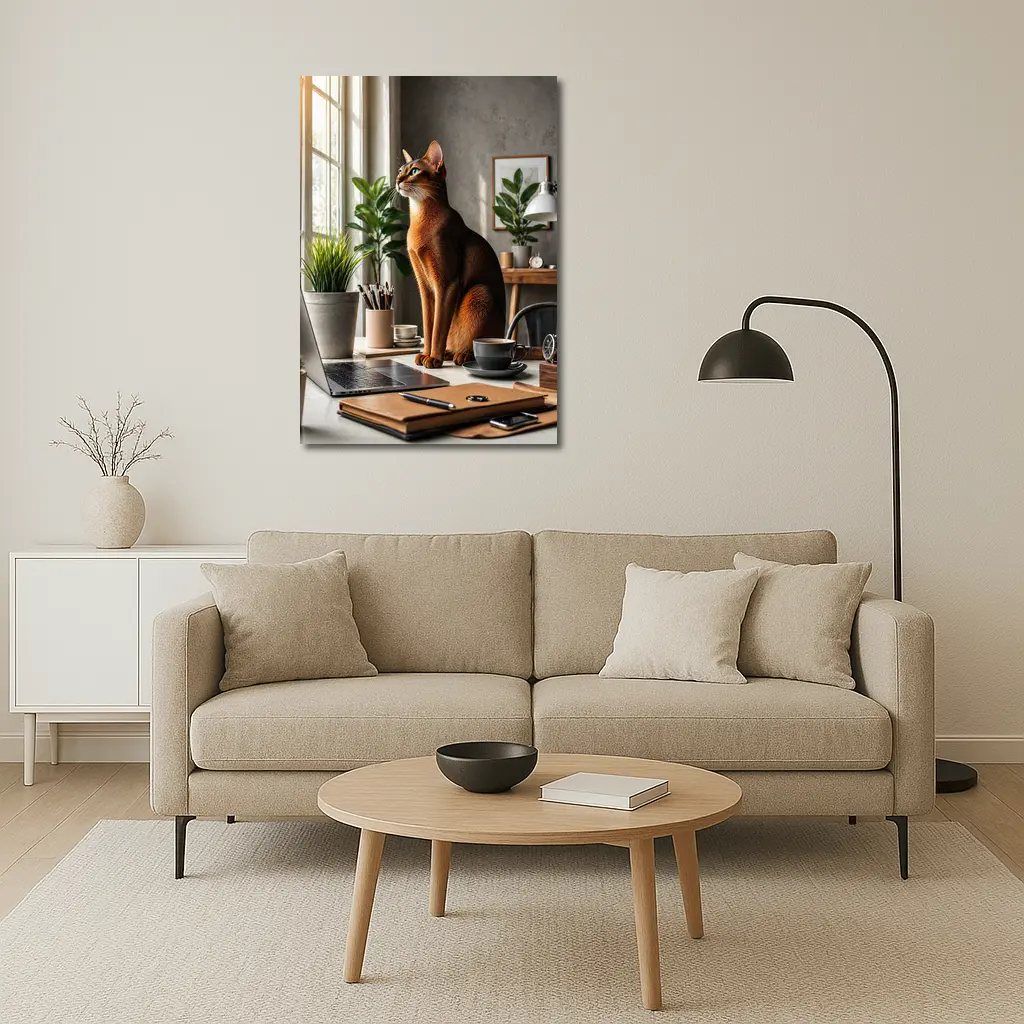 Abyssinian Cat Sitting at Home Office Desk – Wall Art
