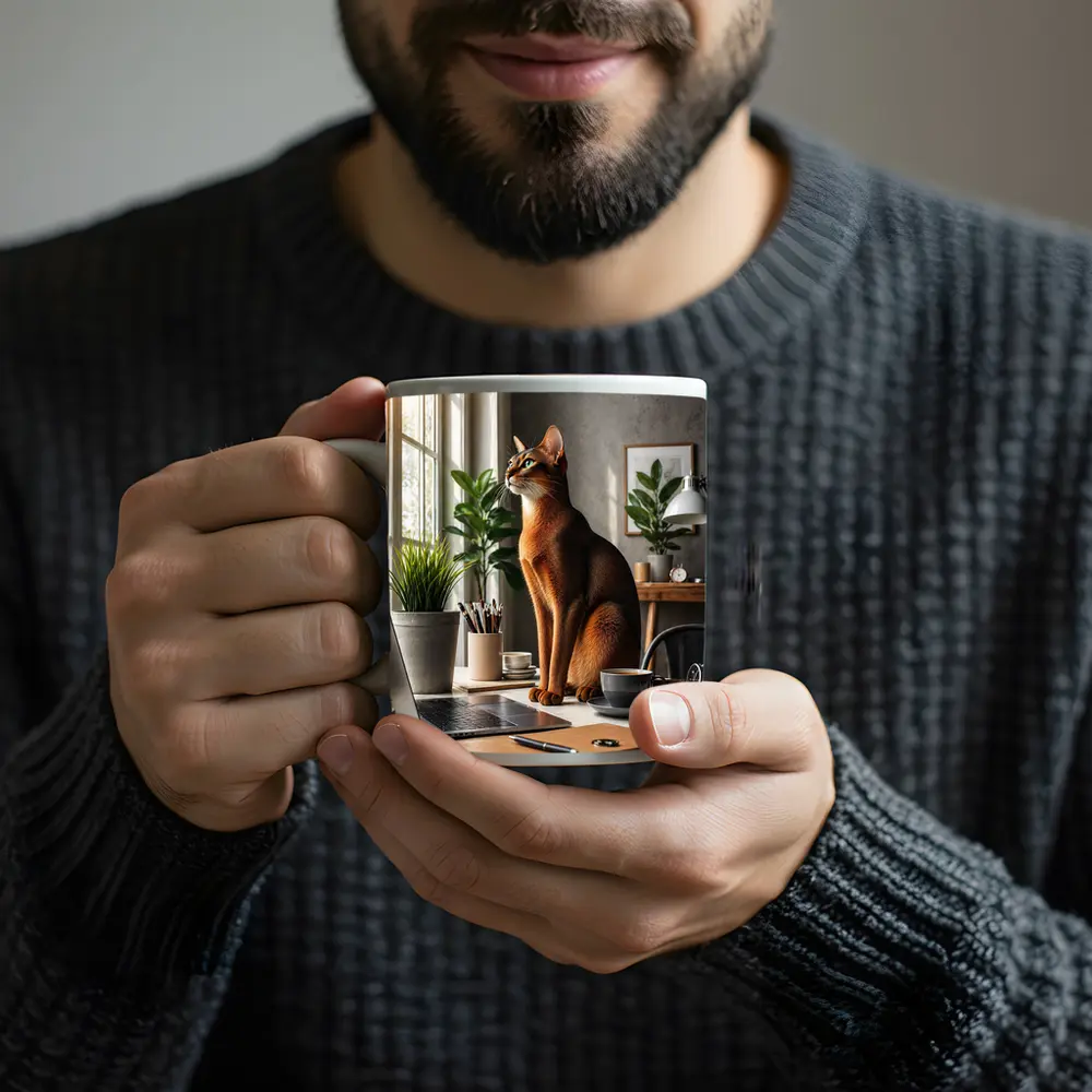 Abyssinian Cat Sitting at Home Office Desk – Mugs