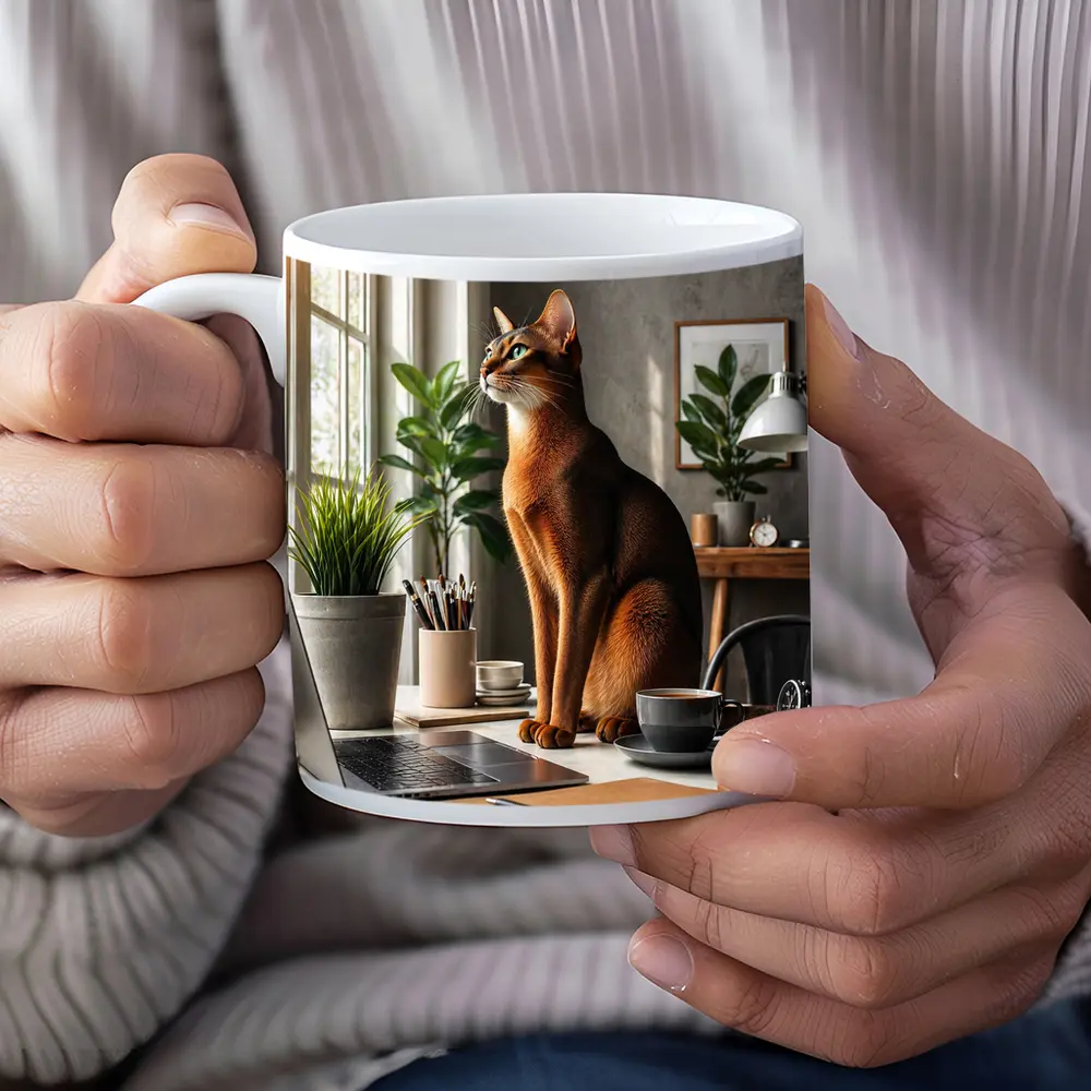 Abyssinian Cat Sitting at Home Office Desk – Mugs
