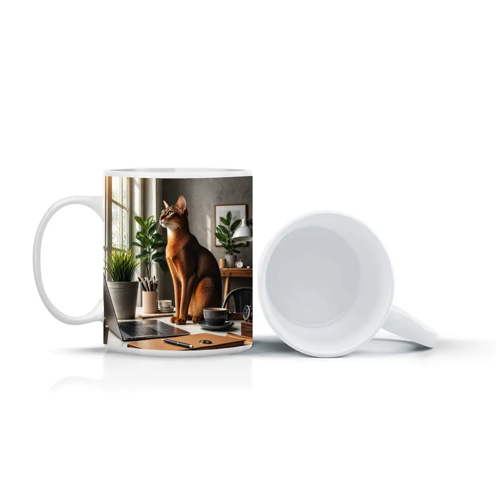 Abyssinian Cat Sitting at Home Office Desk – Mugs