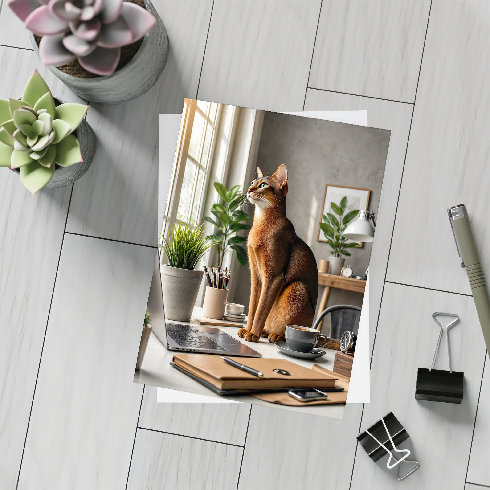 Abyssinian Cat Sitting at Home Office Desk – Postcards