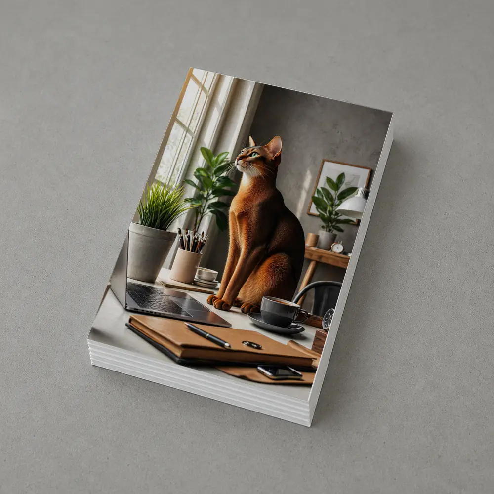 Abyssinian Cat Sitting at Home Office Desk – Postcards