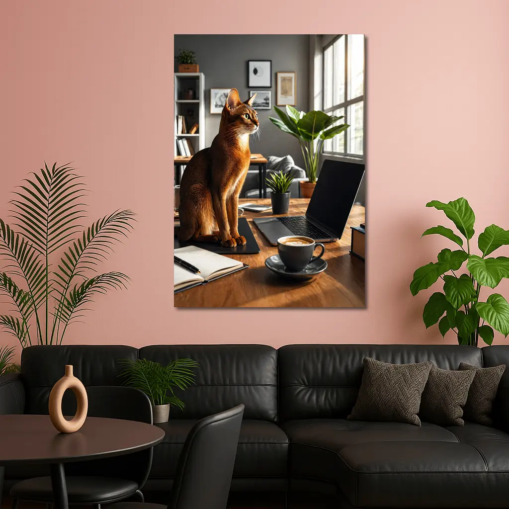 Abyssinian Cat Sitting in Modern Home Office – Wall Art