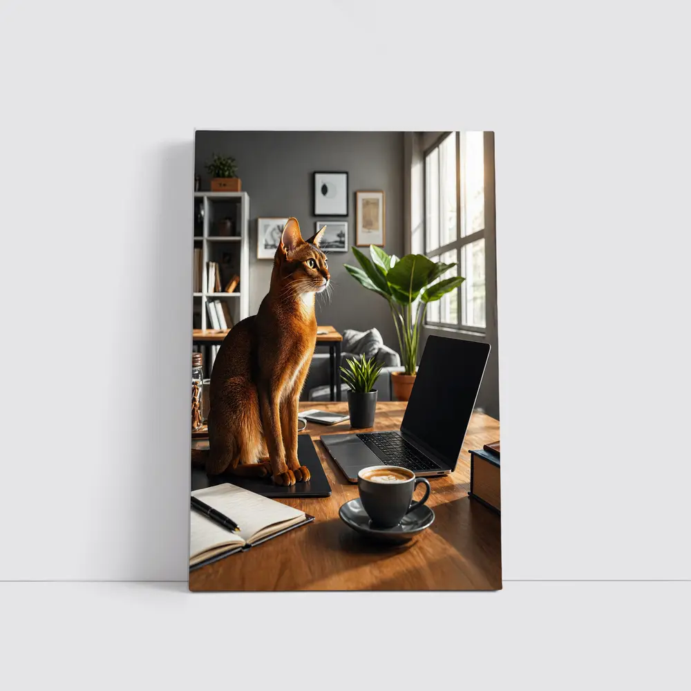 Abyssinian Cat Sitting in Modern Home Office – Wall Art