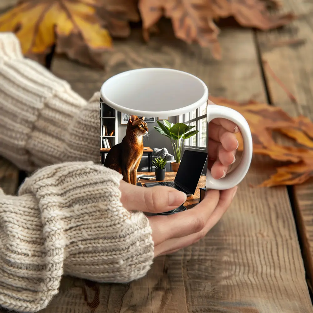 Abyssinian Cat Sitting in Modern Home Office – Mugs