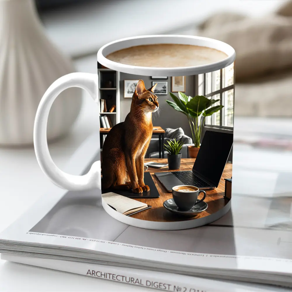 Abyssinian Cat Sitting in Modern Home Office – Mugs