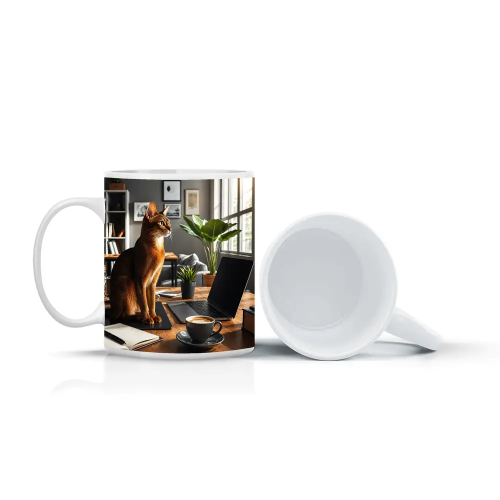 Abyssinian Cat Sitting in Modern Home Office – Mugs