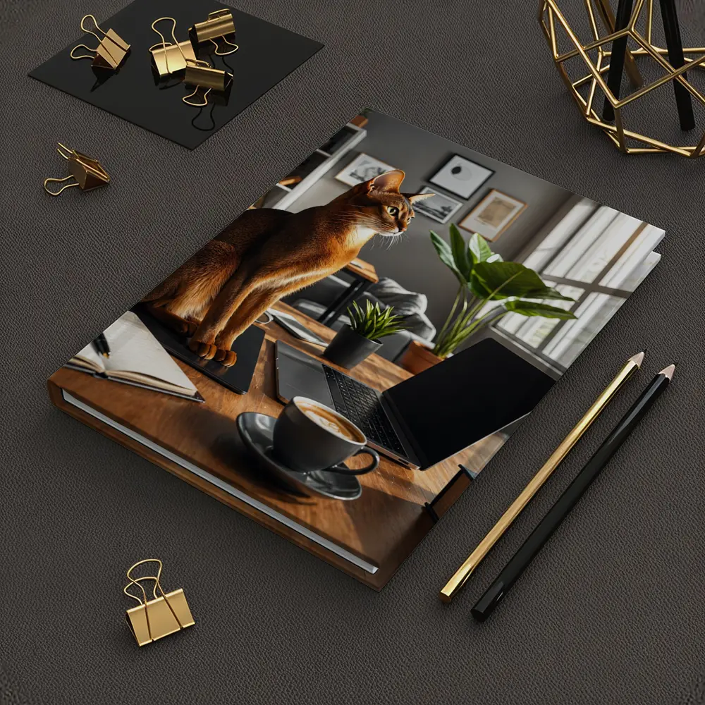 Abyssinian Cat Sitting in Modern Home Office – Notebooks