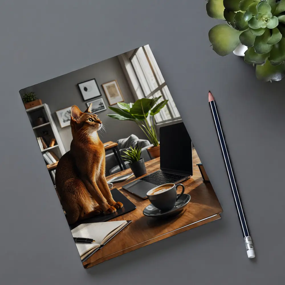 Abyssinian Cat Sitting in Modern Home Office – Notebooks