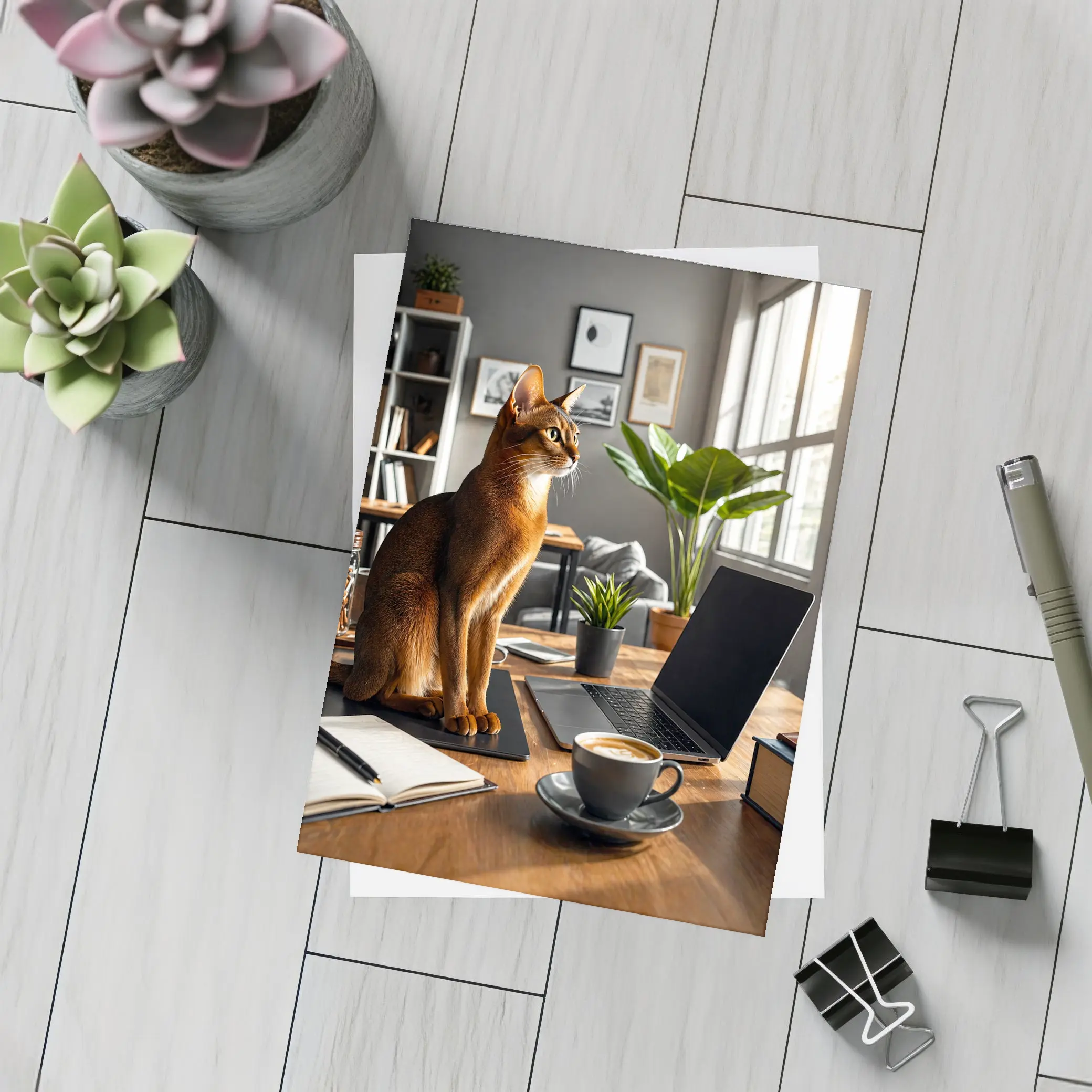Abyssinian Cat Sitting in Modern Home Office – Postcards