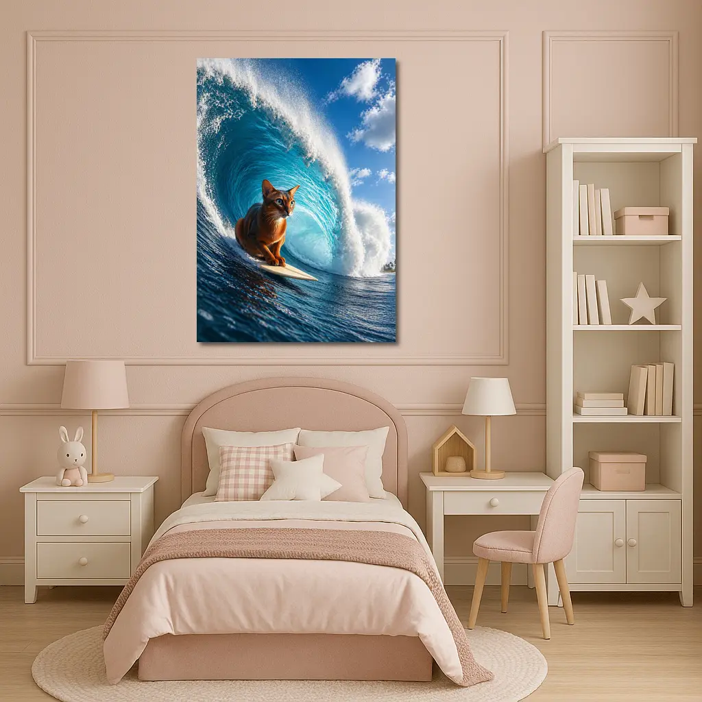 Abyssinian Cat Surfing Giant Ocean Wave – Wall Art