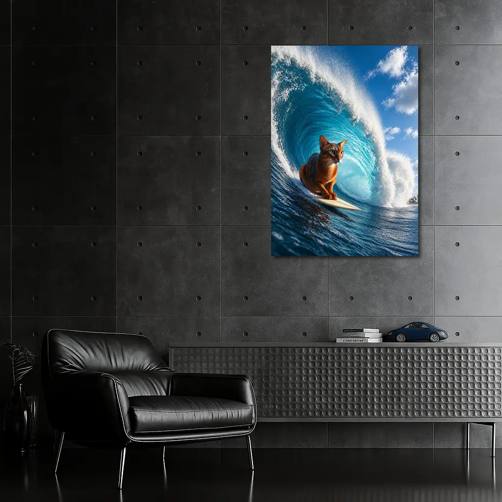 Abyssinian Cat Surfing Giant Ocean Wave – Wall Art