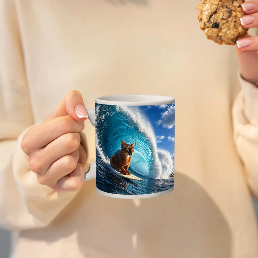 Abyssinian Cat Surfing Giant Ocean Wave – Mugs
