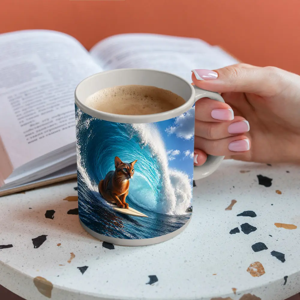 Abyssinian Cat Surfing Giant Ocean Wave – Mugs