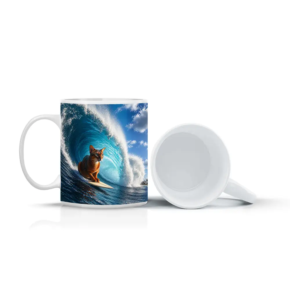 Abyssinian Cat Surfing Giant Ocean Wave – Mugs