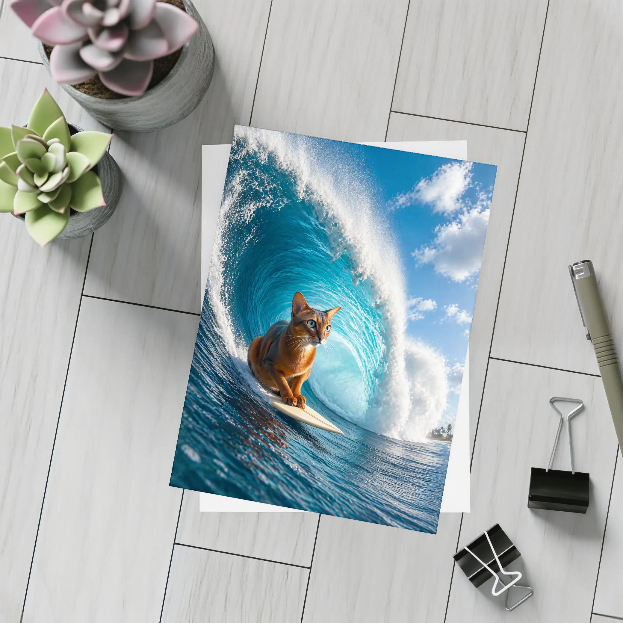 Abyssinian Cat Surfing Giant Ocean Wave – Postcards