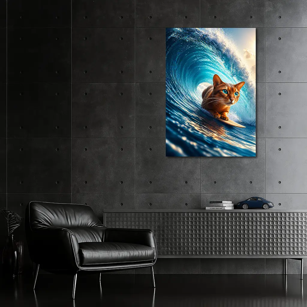 Abyssinian Cat Surfing Giant Ocean Wave – Wall Art