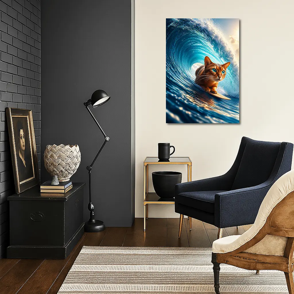 Abyssinian Cat Surfing Giant Ocean Wave – Wall Art