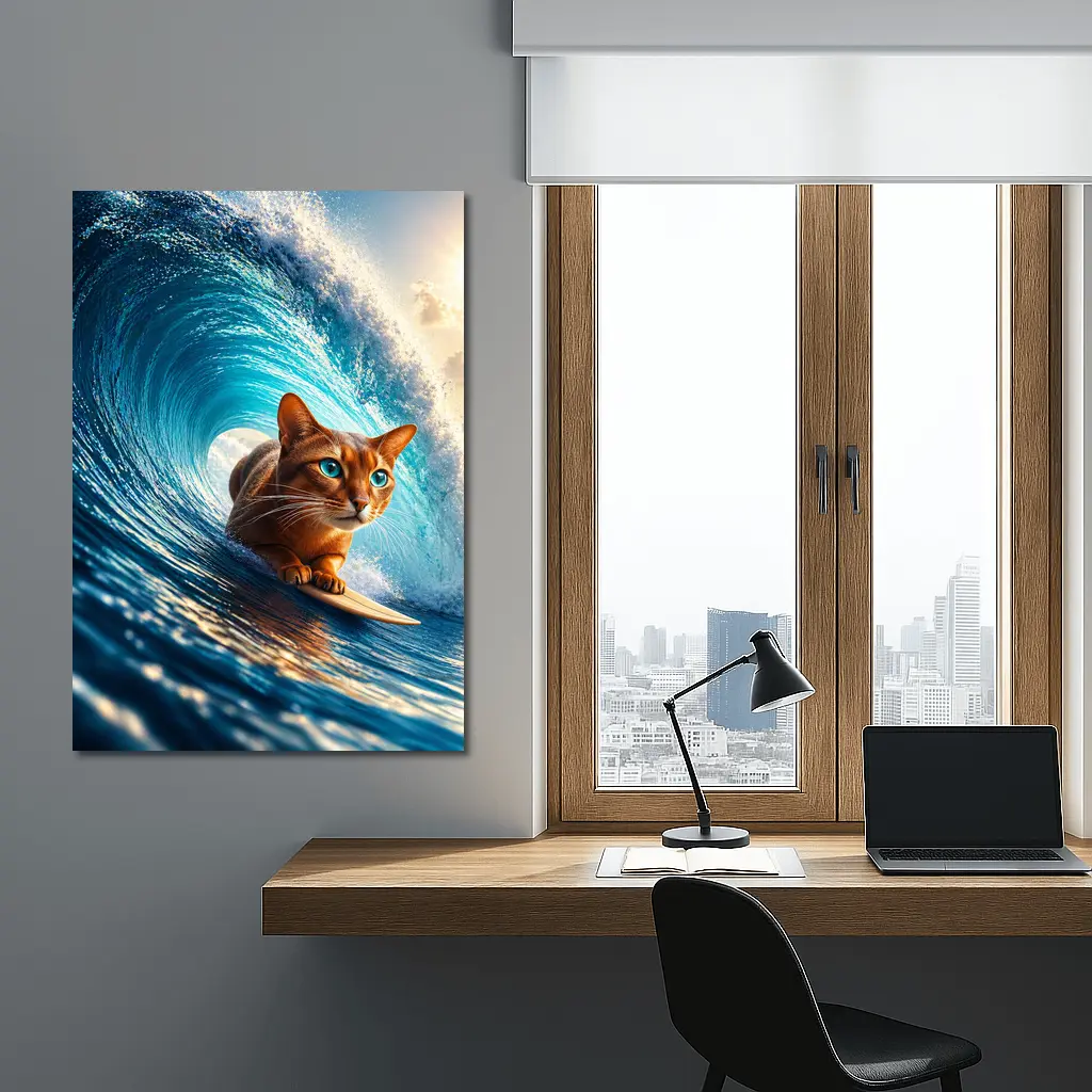 Abyssinian Cat Surfing Giant Ocean Wave – Wall Art