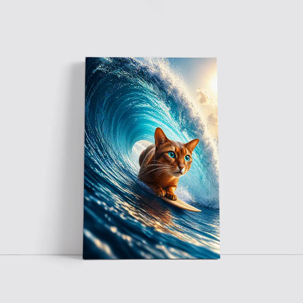 Abyssinian Cat Surfing Giant Ocean Wave – Wall Art