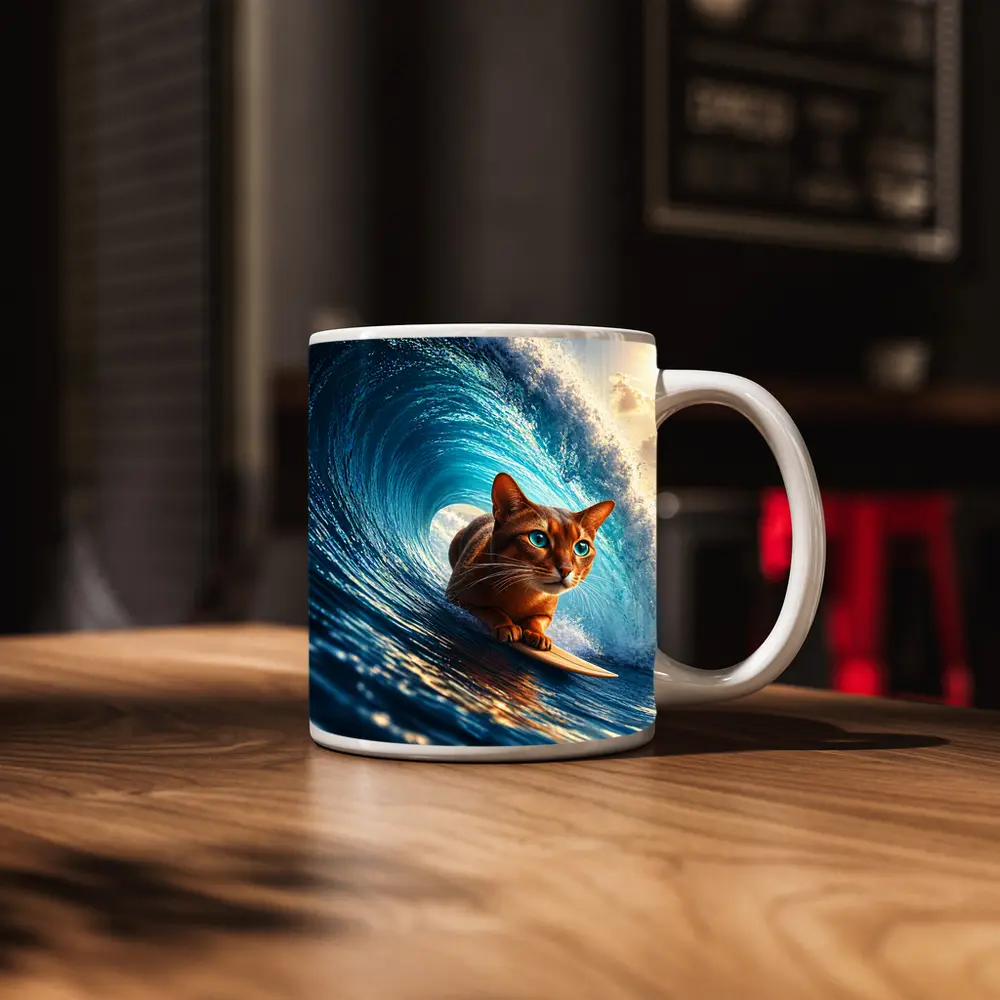 Abyssinian Cat Surfing Giant Ocean Wave – Mugs
