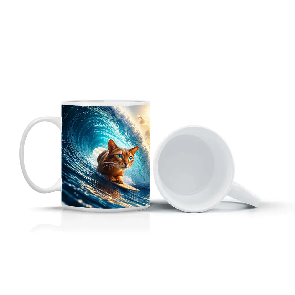 Abyssinian Cat Surfing Giant Ocean Wave – Mugs