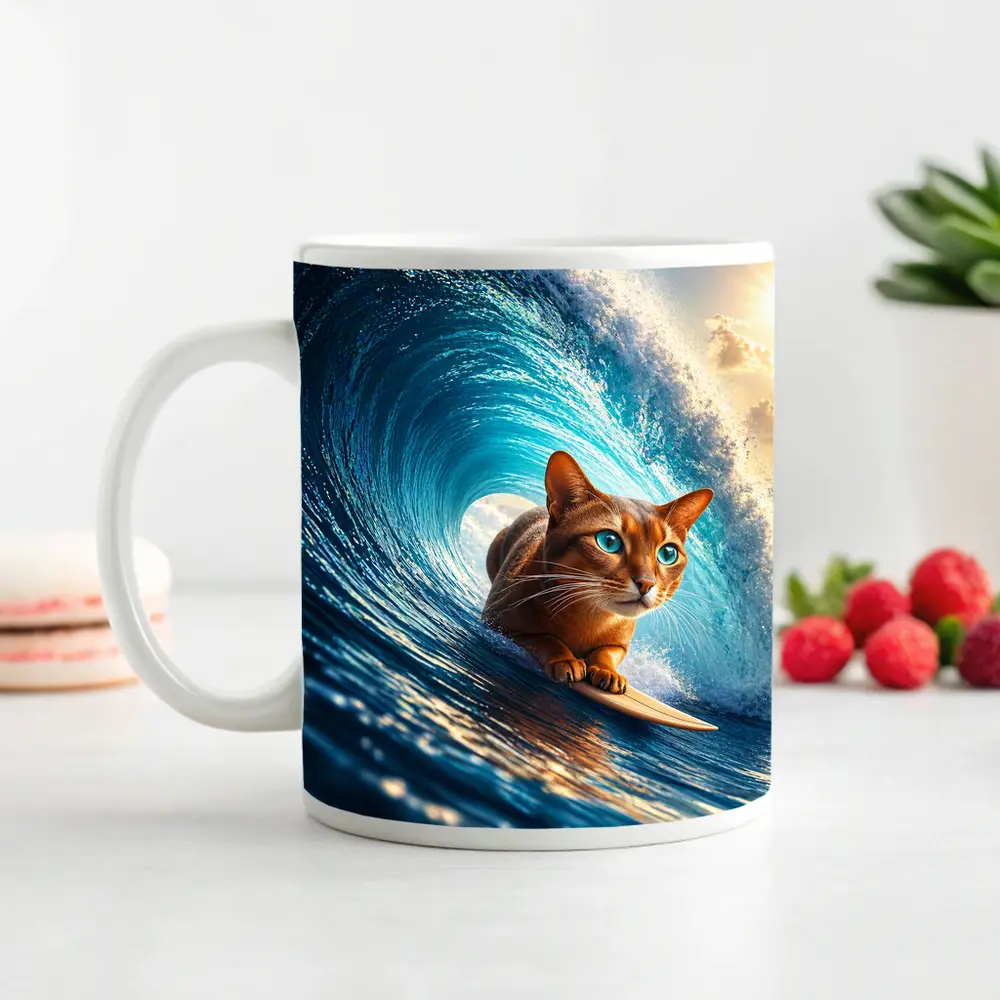 Abyssinian Cat Surfing Giant Ocean Wave – Mugs