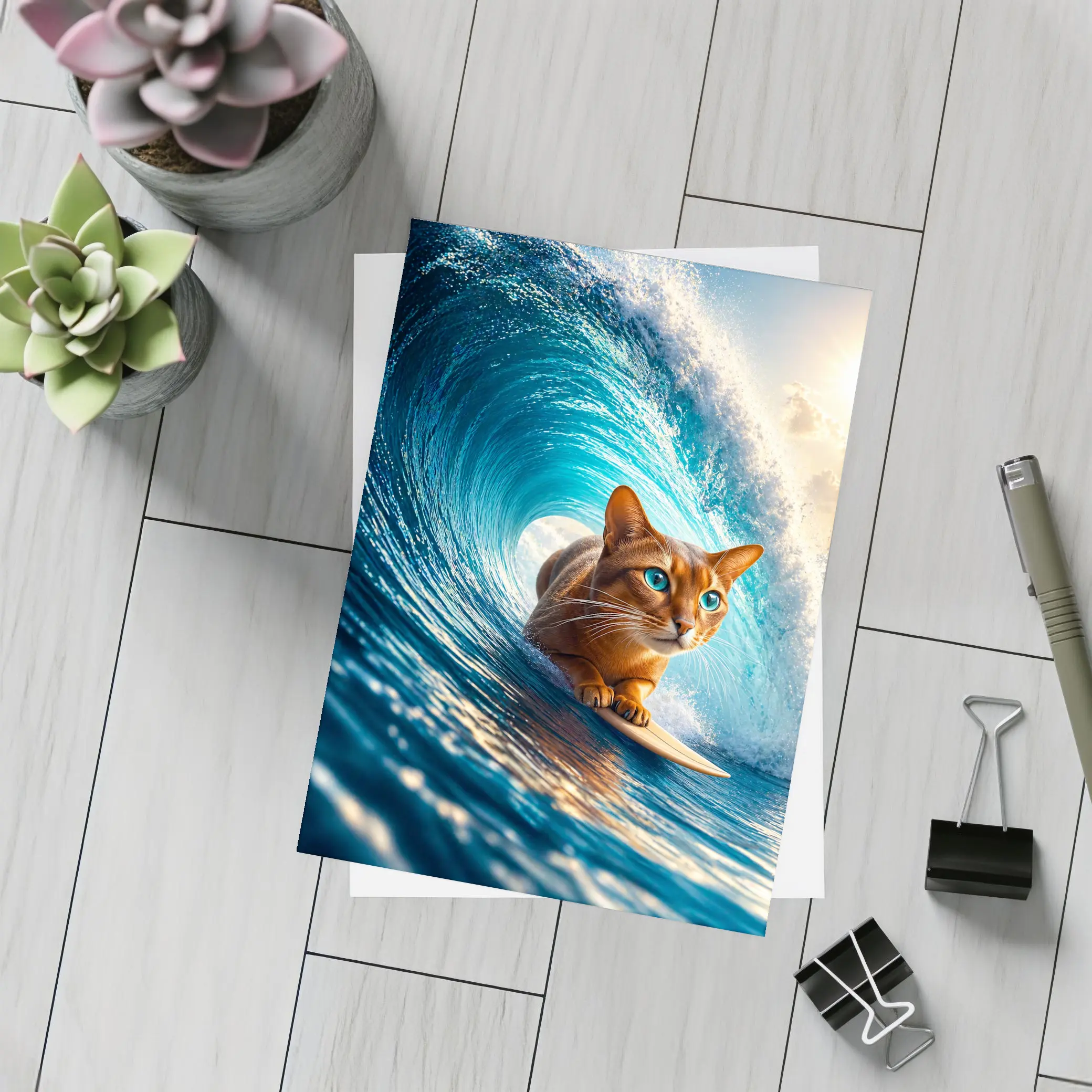 Abyssinian Cat Surfing Giant Ocean Wave – Postcards