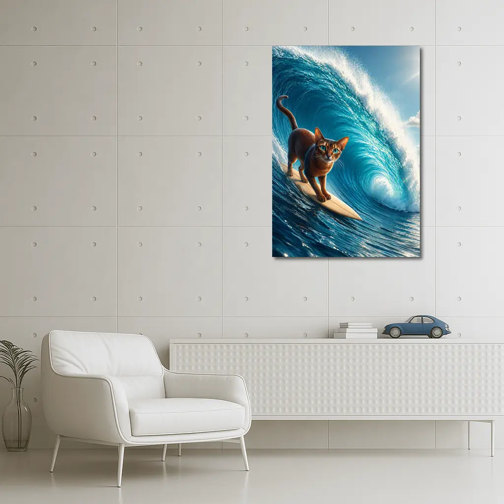 Abyssinian Cat Surfing Massive Ocean Wave – Wall Art