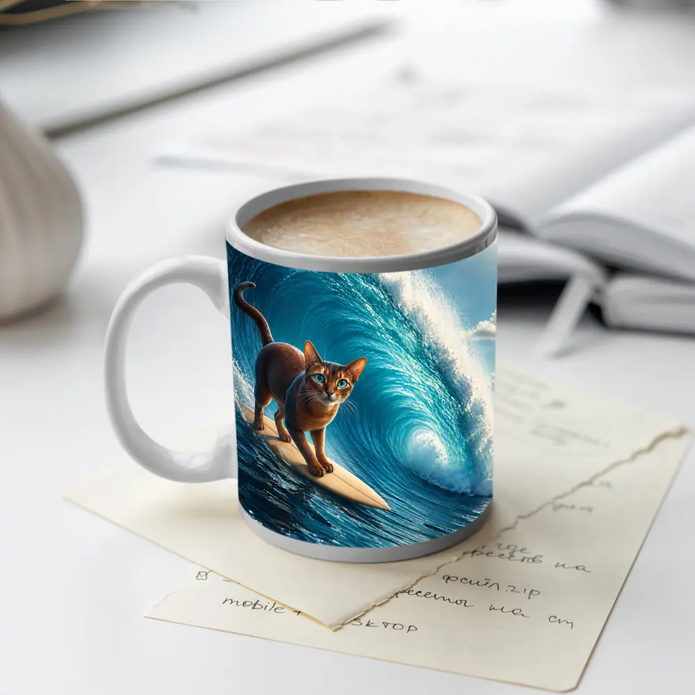 Abyssinian Cat Surfing Massive Ocean Wave – Mugs