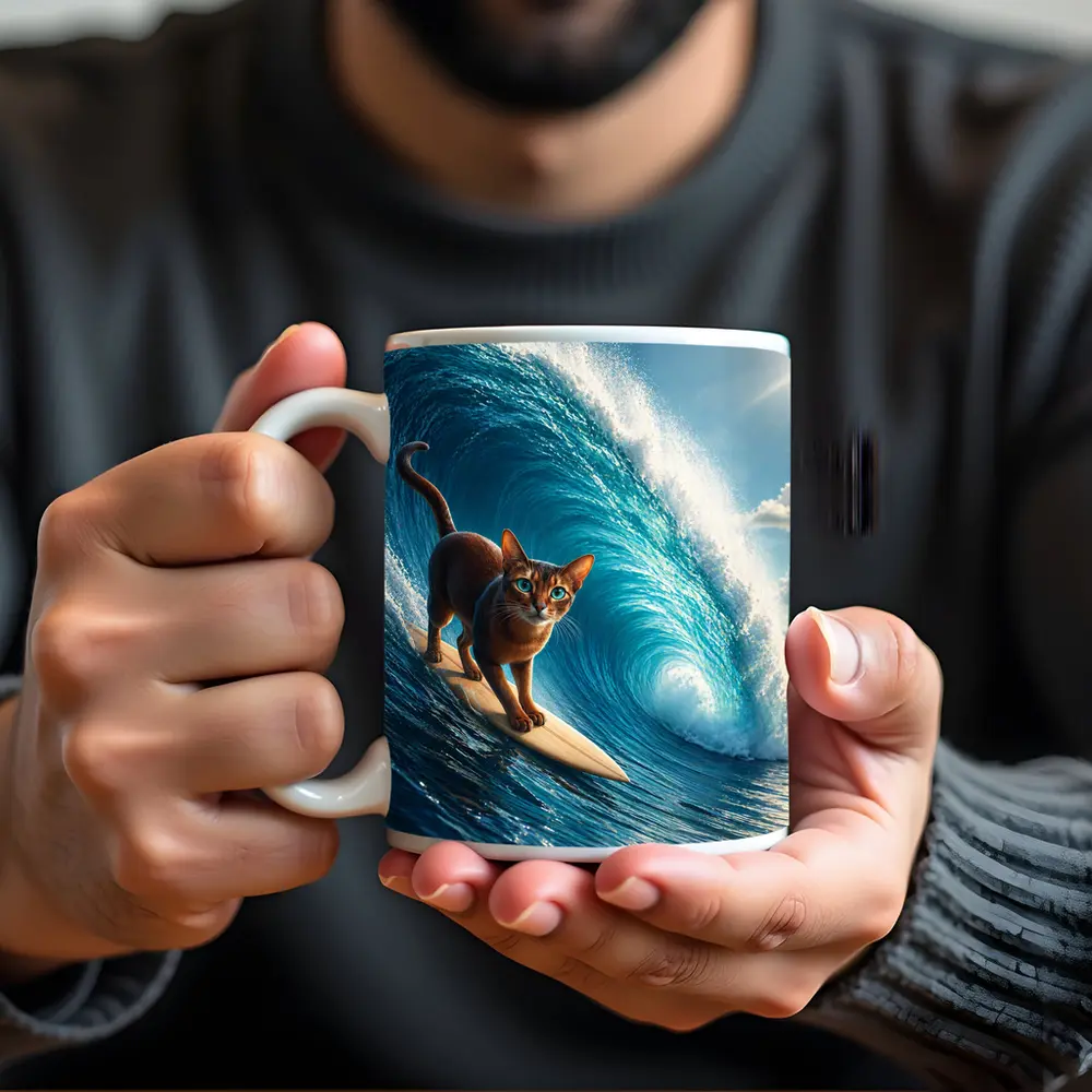 Abyssinian Cat Surfing Massive Ocean Wave – Mugs