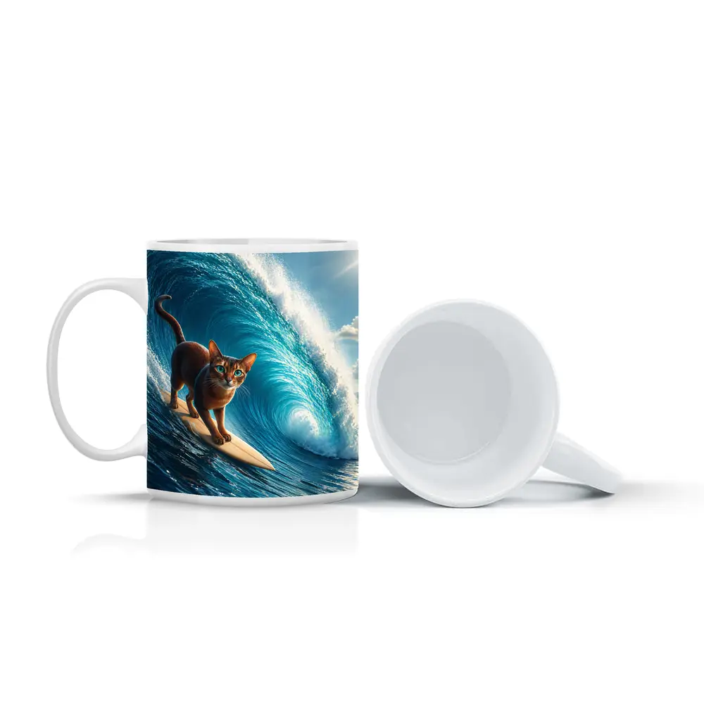 Abyssinian Cat Surfing Massive Ocean Wave – Mugs