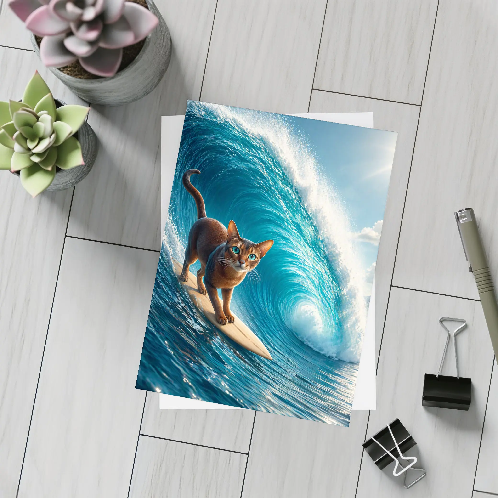 Abyssinian Cat Surfing Massive Ocean Wave – Postcards
