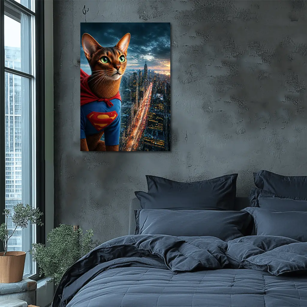 Abyssinian Cat Superhero Over City Skyline – Wall Art
