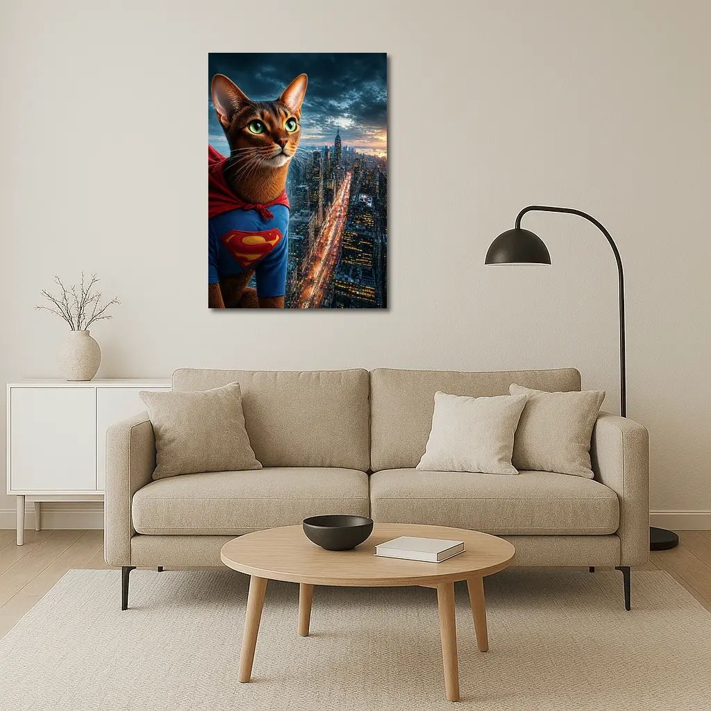 Abyssinian Cat Superhero Over City Skyline – Wall Art