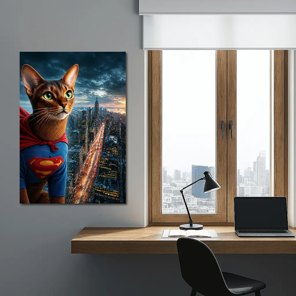 Abyssinian Cat Superhero Over City Skyline – Wall Art