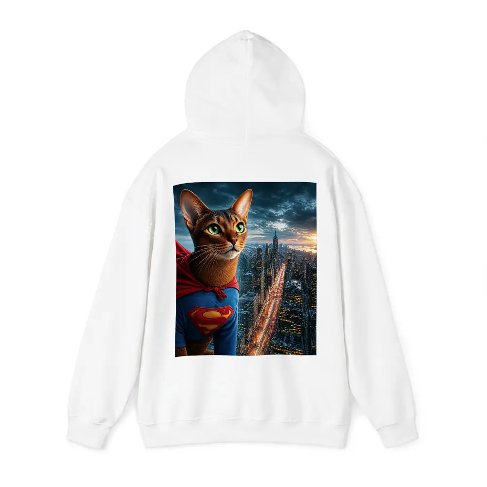 Abyssinian Cat Superhero Over City Skyline – Hoodies
