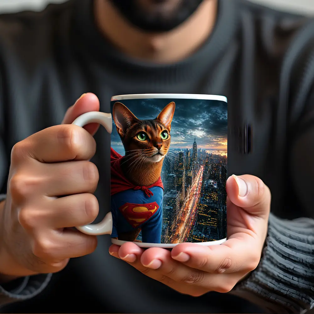 Abyssinian Cat Superhero Over City Skyline – Mugs