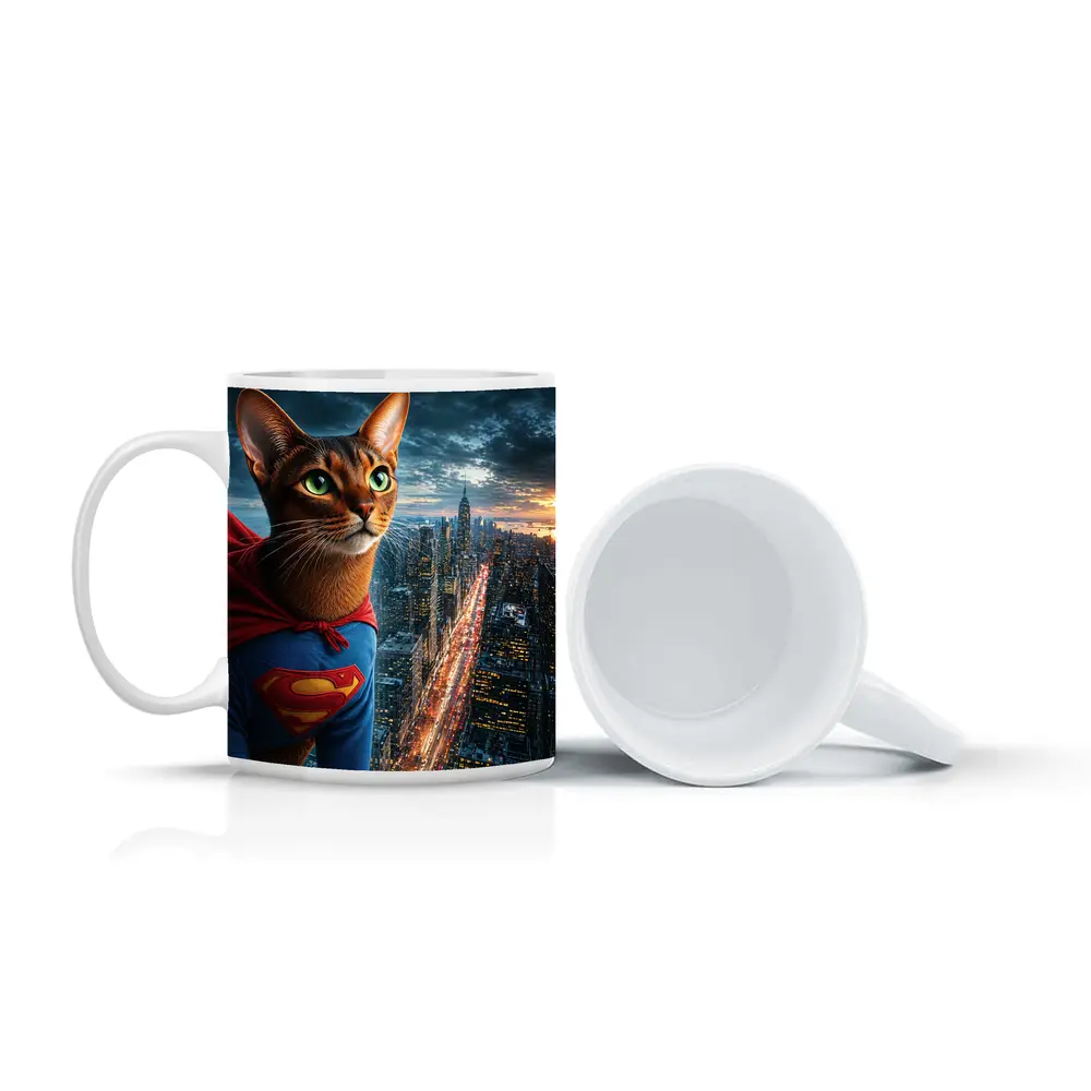 Abyssinian Cat Superhero Over City Skyline – Mugs