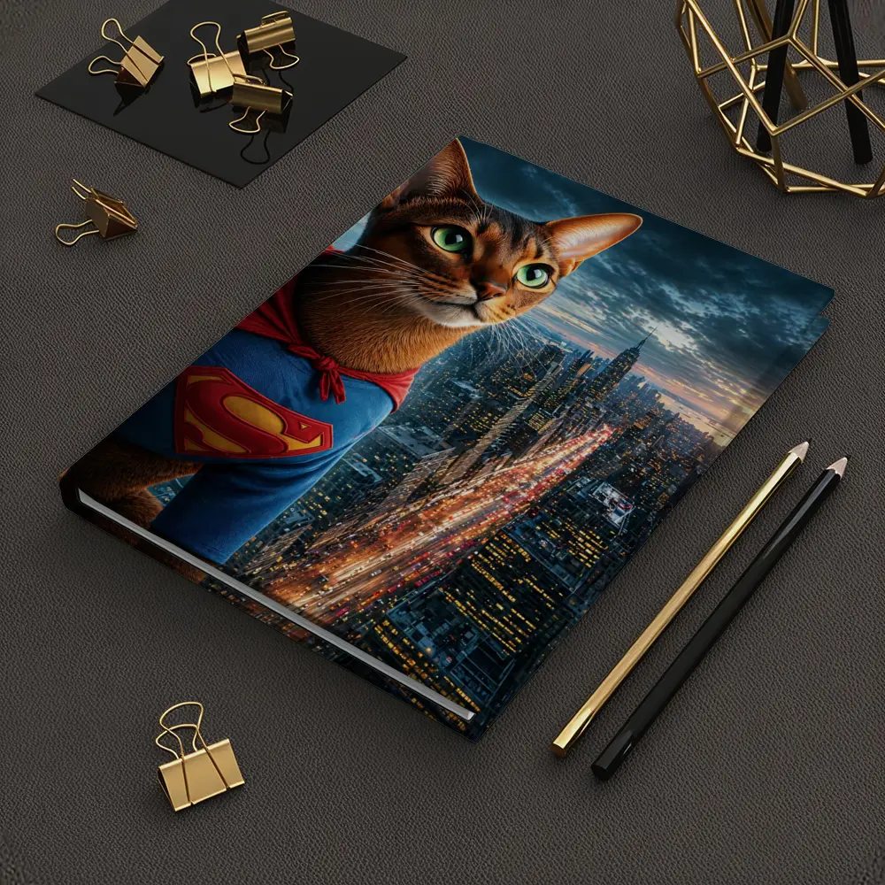 Abyssinian Cat Superhero Over City Skyline – Notebooks