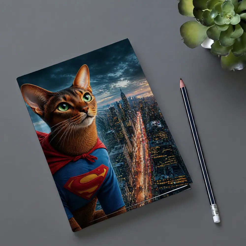 Abyssinian Cat Superhero Over City Skyline – Notebooks